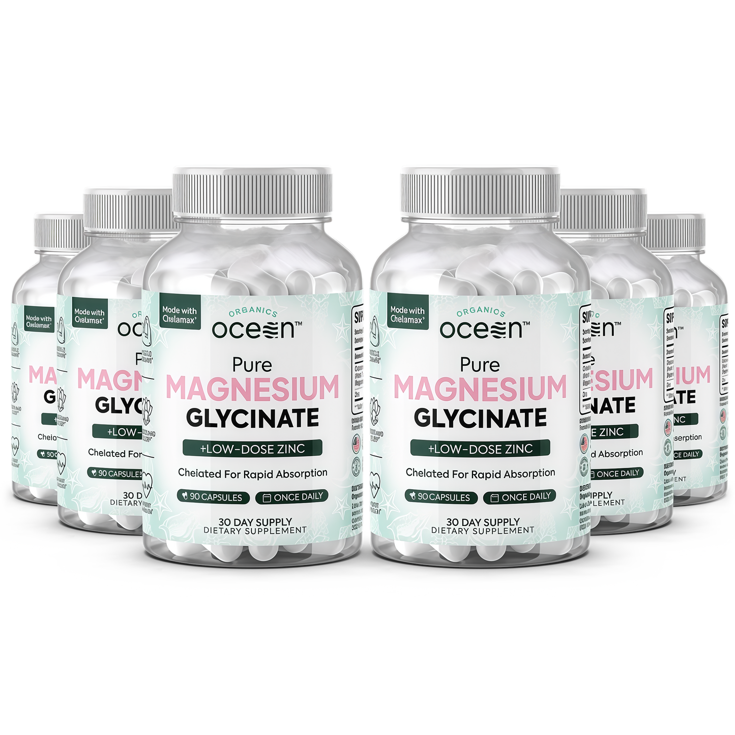 Organics Ocean Pure Magnesium Glycinate with Zinc - Maximum Strength Chelated Magnesium Supplement for Women and Men for Muscle Cramps and Sleep Support - 90 Capsule